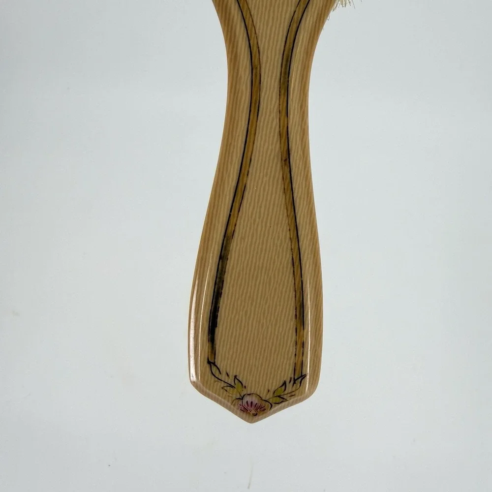 Vtg‎ Beveled Faux Woodgrain Vanity Hair Brush Crest Shape Floral Design 8.25